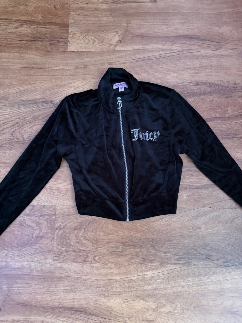 Juicy Couture Black Velour Zip Front Jacket with Crystal Logo